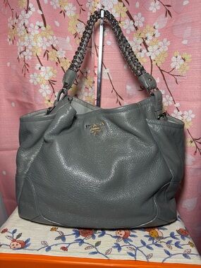 Prada Cervo Lux Deer Leather Hobo Bag Purse Grey Vintage Authentic